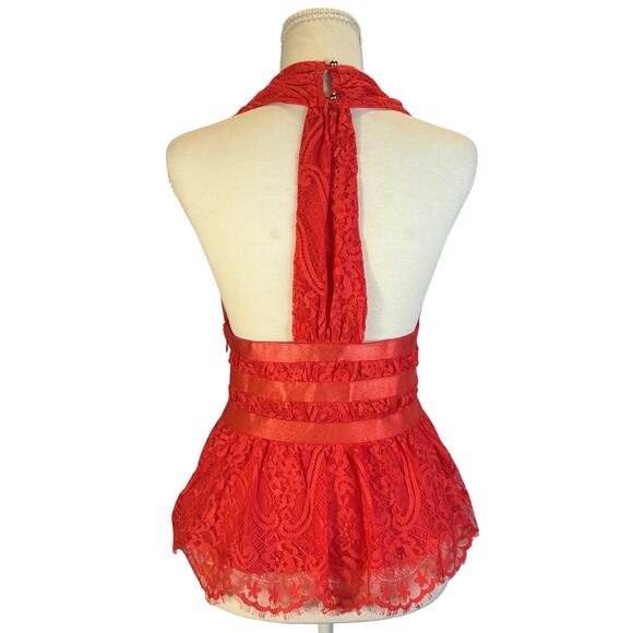 Bebe Lace Halter Peplum Top Poppy Red Women’s Small Plunge Satin Waist Y2K Party - Picture 2 of 16